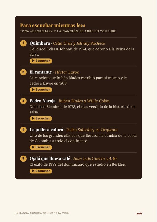 Recuadro Para escuchar mientras lees, con cinco canciones